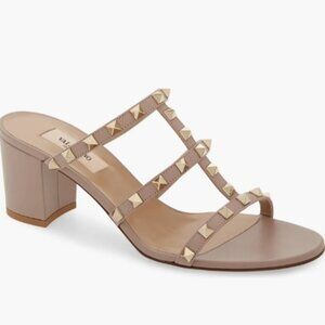 Valentino Rockstud Slide Sandal Block Heel Beige Poudre New